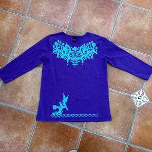 SABAKU Artwear T-Shirt Purple Bird Huipil 3/4 Sleeve Top Size S